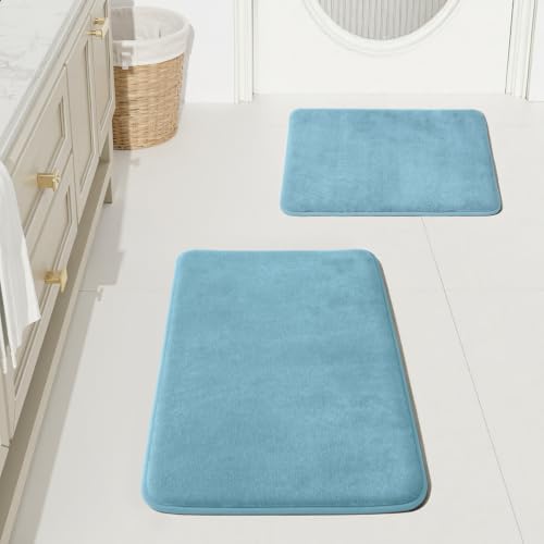 HUXMEYSON Bathroom Rugs Sets 2 Piece, Non-Slip & Quick Dry Bath Mat Set, Ultra Soft Velvet Bath Rugs for Bathroom, Toilet and Shower Floor, Lake Blue
