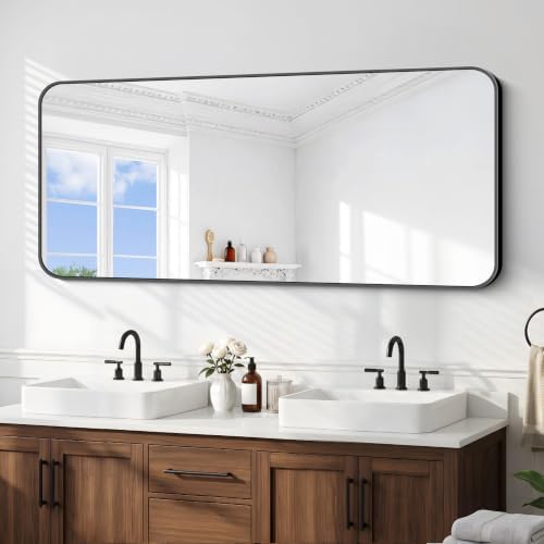 BONEWEI 66x30 inch Large Bathroom Mirror,Black Rectangle Mirror,Wall Mounted Bathroom Frame Vanity Mirror with Round Corner for Bedroom Living Room, Entryway Hangs Horizontal or Vertical
