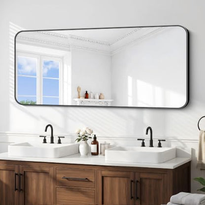 BONEWEI 66x30 inch Large Bathroom Mirror,Black Rectangle Mirror,Wall Mounted Bathroom Frame Vanity Mirror with Round Corner for Bedroom Living Room, Entryway Hangs Horizontal or Vertical