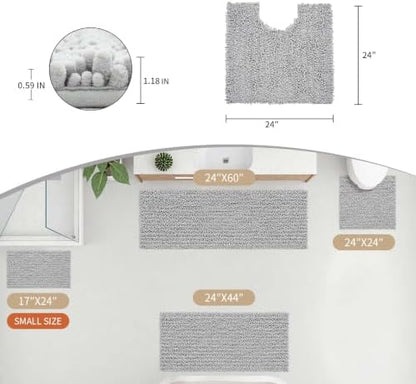 Disolla Toilet Rug 24x24 Inch - Silver U-Shaped Bathroom Floor Mat, Soft Shaggy Plush Absorbent Chenille Contour Rug, Non-Slip Washable Pedestal Base Rug