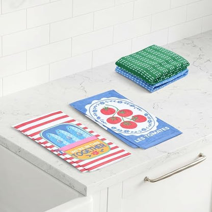 Ritz 4-Piece Kitchen Towel Set, Sardines & Pomodoro Tomato Prints with Pine Green & Blue Textured Terry, 100% Cotton & Absorbent Blend, 16" x 26", Vintage Italian Inspired Foodie Kitchen Decor