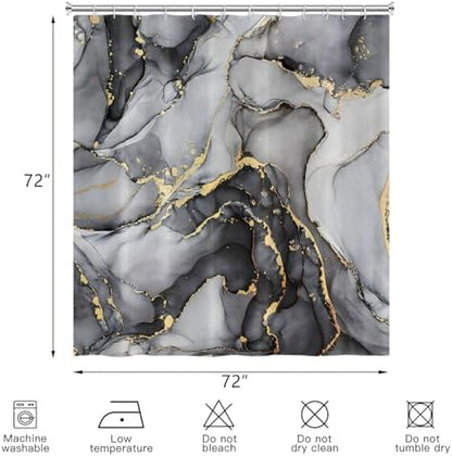 Black Marble Shower Curtain, Modern Abstract Luxury Black Gold Ink Texture Watercolor Art Bathroom Curtains Ombre Machine Washable Waterproof Fabric Bathtub Curtain Set with Hooks 72" Wx72 L