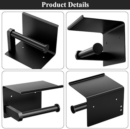 Tindbea Toilet Paper Holder with Phone Shelf, Adhesive or Screw Wall Mount Toilet Tissue Roll Holder, Rustproof & Multifunctional Stainless Steel Bathroom Storage Dispenser (Matte Black)