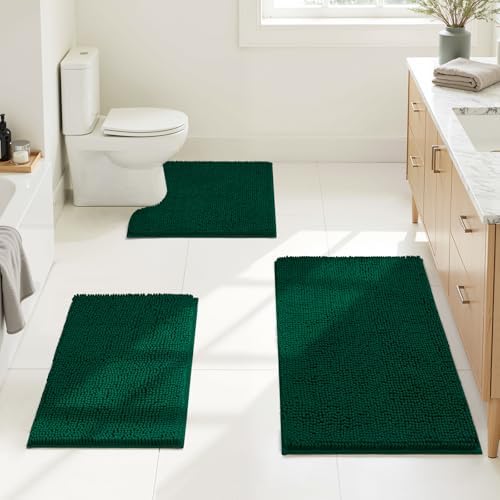 HOMEIDEAS Dark Green Chenille Bathroom Rugs Set of 3, Non Slip Bath Mat