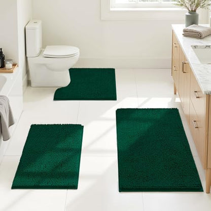 HOMEIDEAS Dark Green Chenille Bathroom Rugs Set of 3, Non Slip Bath Mat