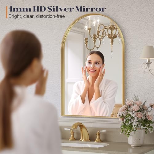 Gold Arched Bathroom Mirrors Pair, 2-Pack 22x30 Inch Metal Framed Arch Vanity Mirrors for Over Sink, Living Room Bedroom Mantel Entryway Hallways