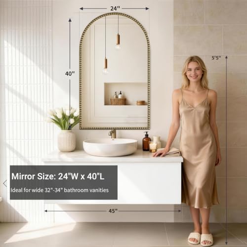 Champagne Bronze Mirror for Bathroom, 24"x40" Arched Beaded Mirror