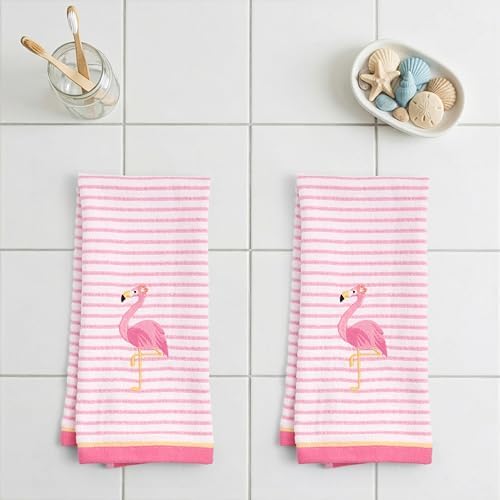 Ritz 2-Piece Cotton Velour Bathroom Hand Towel Set, Embroidered Flamingo Design, Soft Pink Pinstripe Decorative Towels for Tropical, Coastal, or Pool House Decor, 16” x 26”