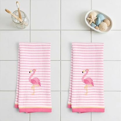 Ritz 2-Piece Cotton Velour Bathroom Hand Towel Set, Embroidered Flamingo Design, Soft Pink Pinstripe Decorative Towels for Tropical, Coastal, or Pool House Decor, 16” x 26”
