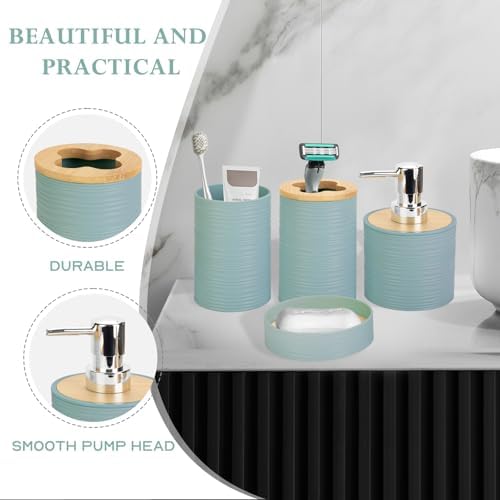 RRM 4 Piece Bamboo Bathroom Accessories Set, Boho Bathroom Decor, Aqua