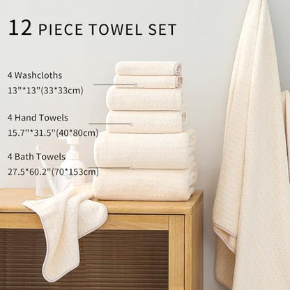 Ultra Soft Bath Towel Set,12 Piece (4 Bath Towels,4 Hand Towels,4 Washcloths) Family Bathroom Towel Set with Hanging Loops,Quick Dry Extra Absorbent Fluffy Shower Towel for Bathroom,Hotel,Spa-Beige