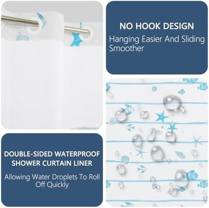 No Hook Shower Curtain with Snap in Liner 71x74 Inch