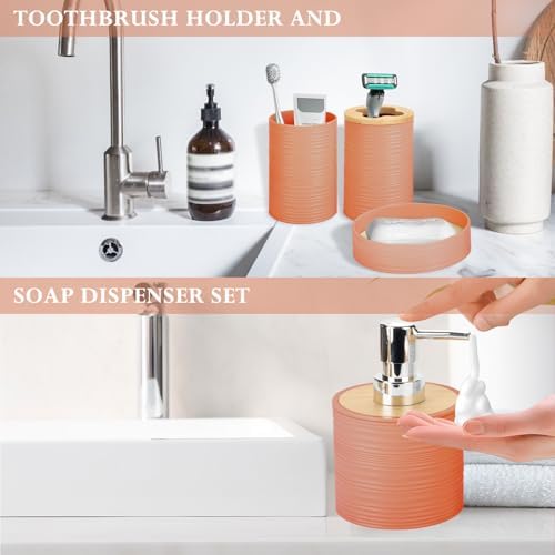 RRM 4 Piece Bamboo Bathroom Accessories Set, Boho Bathroom Decor, Orange
