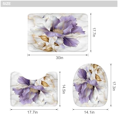 Purple Gold Marble Floral Modern 4Pcs Bathroom Shower Curtain Set with Rugs