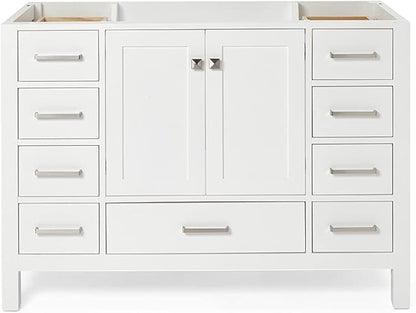 ARIEL Cambridge 48-inch Bathroom Vanity Base Cabinet,Solid Wood, 2 Soft Closing Doors, 9 Dovetail Drawers, White