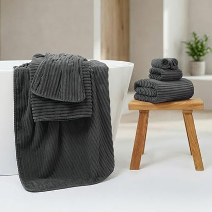 REDKISS Charcoal Gray Bath Towels Set 8 Piece - Microfiber Bathroom Towels of 8 Large, Highly Absorbent Bath Towel, Soft Shower Towel for Bathroom, 2 Bath Sheet 2 Hand 2 Washcloths 2 Hair Towel Wrap