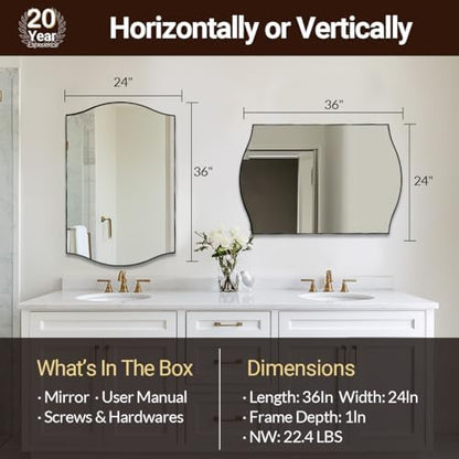 ANDY STAR 24"x36" Black Bathroom Mirror, Rectangle Scalloped Wall Mirror in Stainless Steel Metal Frame, Modern Matte Black Finish with Curved Edge Design, Wall-Mount Vertically or Horizontally