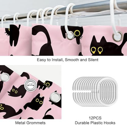 APROPHIC Cute Cat Shower Curtain 72x72 Inches, Funny Black Kitten Pattern Waterproof Polyester Bathroom Decor for Bathtub, Machine Washable Privacy Curtain for Bathroom, Bedroom with 12 Hooks Pink