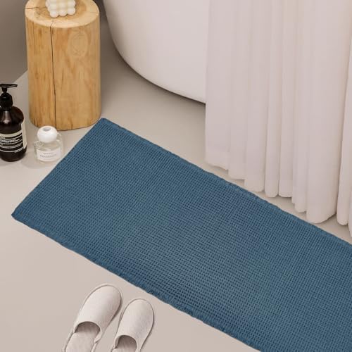 ZALL Dark Blue Waffle Bath Mat,Super Absorbent Non Slip Bathroom Rug, 24x72inch, Machine Washable Ultra Soft Floor Mats