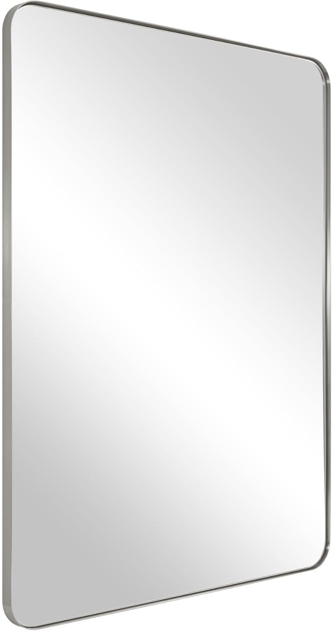 Brushed Nickel Mirror for Bathroom, 22"x30" Silver Metal Frame Wall Mirror, Rectangular Stainless Steel Rounded Corner
