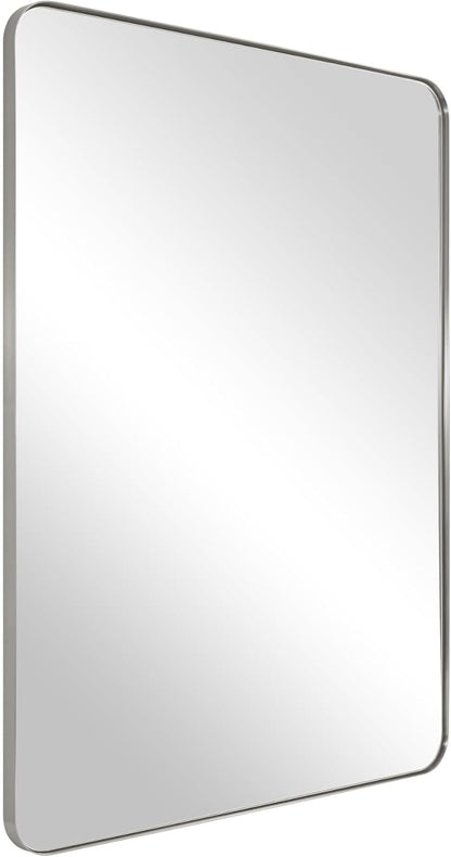 Brushed Nickel Mirror for Bathroom, 22"x30" Silver Metal Frame Wall Mirror, Rectangular Stainless Steel Rounded Corner