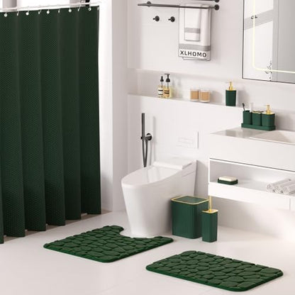 XLHOMO Bathroom Accessory Set - 25PC Green Bathroom Sets, Bathroom Set with Shower Curtain and Rugs, Dark Green Shower Curtain Set, Trash Can, Qtip Holder & Soap Dispenser