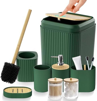 Bathroom Accessories Set - Unbreakable Green Bathroom Set, Trash Can, Toilet Brush with Holder, Soap Dispenser, Toothbrush and Toothpaste Holder, Tumbler Cup, Soap Dish, Qtip Holder, Bamboo Decor