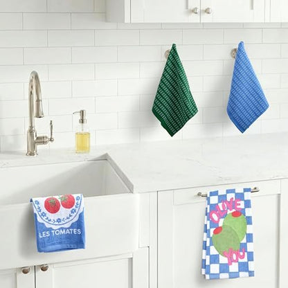Ritz 4-Piece Kitchen Towel Set, Tomato & Olive Prints with Pine Green & Blue Textured Terry, 100% Cotton & Absorbent Blend, 16" x 26", Vintage Mediterranean Foodie Kitchen Decor