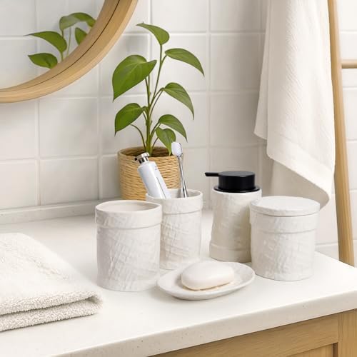 White Bathroom Accessory Set 5PCS, Ceramic Bathroom Accessories Set, Minimalist Textured Design Liquid Soap Dispenser Set Complete, Home Bathroom Decor Vanity Countertop, ANTIS'S HOME