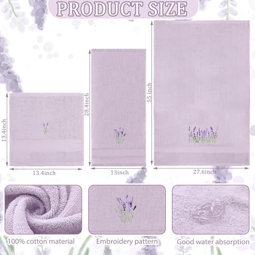 3 Pcs Lavender Floral Bathroom Towel Set Farmhouse Embroidered