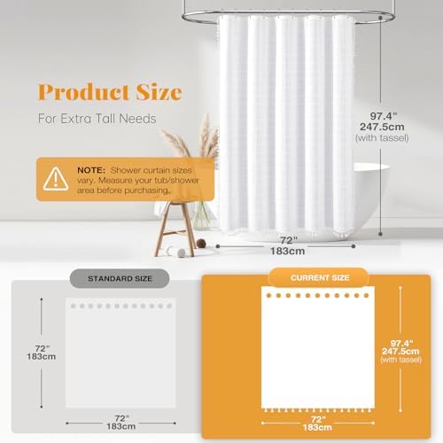 BTTN Extra Long Boho Linen Fabric Heavy Duty Shower Curtain, 72x96, White