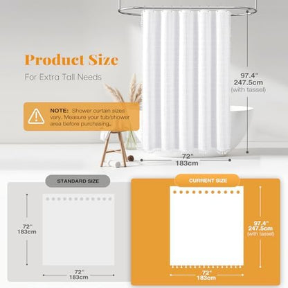 BTTN Extra Long Boho Linen Fabric Heavy Duty Shower Curtain, 72x96, White