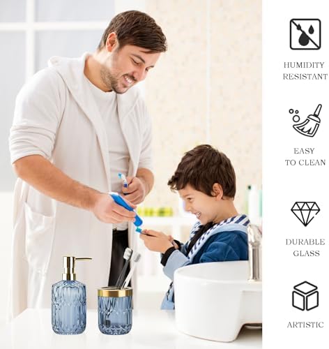 Glass Bathroom Toothbrush Holder and Soap Dispenser Set, Blue