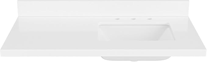 ARIEL 43 inch Bathroom Vanity top with Sink, 1.5 Inch Thick Miter Edge White Quartz top, Right Offset Vanity top with Rectangle Porcelain Sink, Includes Backsplash