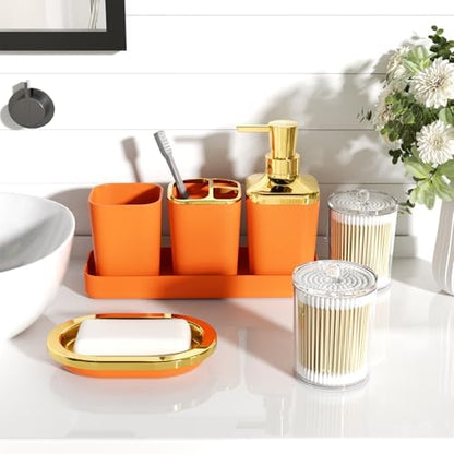 XLHOMO Bathroom Accessories Set - 25PC Bathroom Set with Shower Curtain and Rugs, Orange Bathroom Set, Bathroom Accessory Set with Press-on Lid Trash Can, Soap Dispenser and Qtip Holders for Home