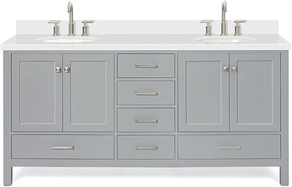 ARIEL Cambridge 72-inch Bathroom Vanity with Sink,Solid Wood, 1.5-inch Pure White Quartz Countertop & Backsplash, Double Oval Porcelain Sink, 4 Soft Closing Doors, 6 Dovetail Drawers, Grey