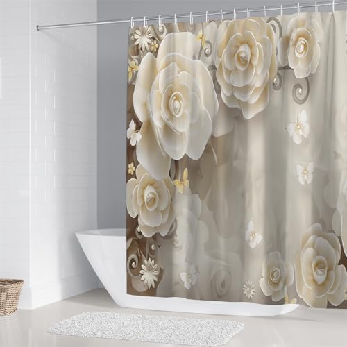 Chrainy 4pcs Beige Flowers Shower Cutain Bathroom Decor Sets with Rugs