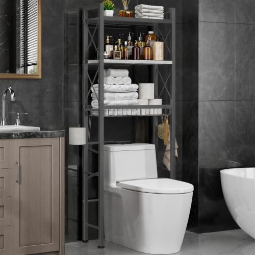 Kalrin Over The Toilet Storage with X Shape Side Guardrail, 3-Tier Over Toilet Storage Rack with Drain Basket, Freestanding Bathroom Organizer for Balcony Laundry, Grey-White