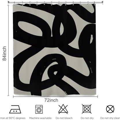 Abstract Black Line Shower Curtain 72Wx84L Inch Extra Long Modern Minimalist Contemporary Geometric Neutral Bathroom Set Accessories Decor with 12 Pack Hooks