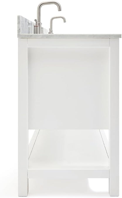 ARIEL Magnolia 72-inch Bathroom Vanity with Sink,Solid Wood, 0.75-inch Italian Carrara Marble Countertop, Double Rectangular Porcelain Sink, 4 Soft Closing Doors, 3 Dovetail Drawers, White