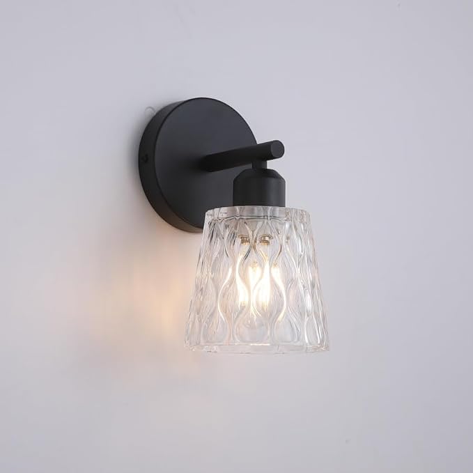 Black Bathroom Vanity Light Over Mirror, 1-Light Modern Vanity Light with Textured Glass Shade, Stainless Steel Backplate, E26 Socket (Bulb Not Included)