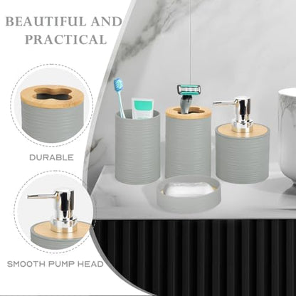 RRM 4 Piece Bamboo Bathroom Accessories Set, Boho Bathroom Decor, Grey