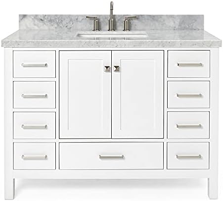 ARIEL Cambridge 48-inch Bathroom Vanity with Sink,Solid Wood, 1.5-inch Italian Carrara Marble Countertop, Single Rectangular Porcelain Sink, 2 Soft Closing Doors, 9 Dovetail Drawers, White
