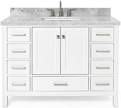 ARIEL Cambridge 48-inch Bathroom Vanity with Sink,Solid Wood, 1.5-inch Italian Carrara Marble Countertop, Single Rectangular Porcelain Sink, 2 Soft Closing Doors, 9 Dovetail Drawers, White