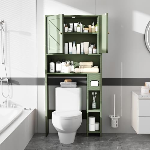 65.4" Over the Toilet Storage Cabinet, 29.1" Wide Bathroom Organizer with Toilet Paper Holder & Adjustable Shelf, Freestanding Space Saving Cabinet for Apartment, Laundry, Green