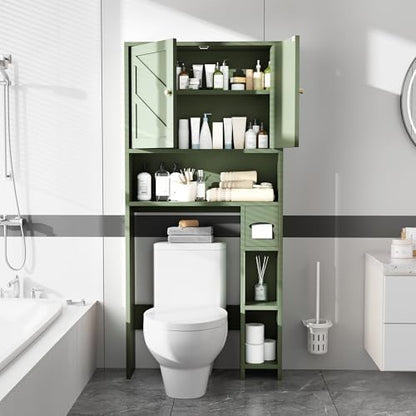65.4" Over the Toilet Storage Cabinet, 29.1" Wide Bathroom Organizer with Toilet Paper Holder & Adjustable Shelf, Freestanding Space Saving Cabinet for Apartment, Laundry, Green