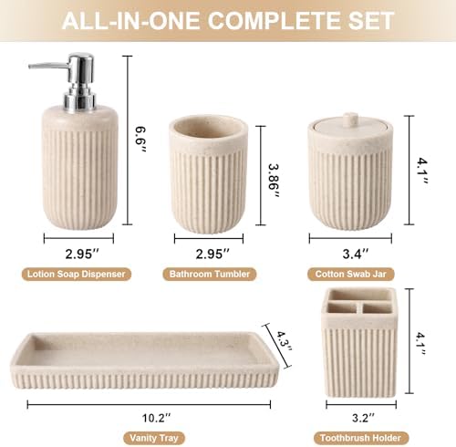XLHOMO Resin Beige Bathroom Accessories Set 5 Pcs, Lotion Soap Dispenser, Toothbrush Holder, Bathroom Tumbler, Qtip Holder and Vanity Tray, Bathroom Countertop Organizer Set for Modern Home Apartment