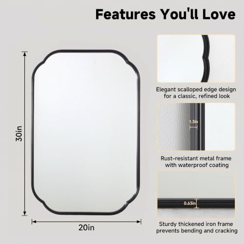 30"x20" Black Scalloped Mirror for Bathroom, Rust-Proof Metal Frame