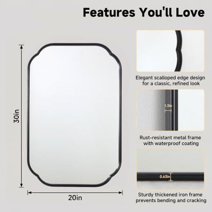 30"x20" Black Scalloped Mirror for Bathroom, Rust-Proof Metal Frame