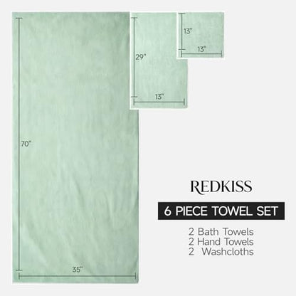 REDKISS Pack of 6 Towel Set - 2 Extra Large Bath, 2 Hand, 2 Washcloths, Ultra Soft & Highly Absorbent, Quicker to Dry, Green Towels for Bathroom, Spa, Hotel, Gym